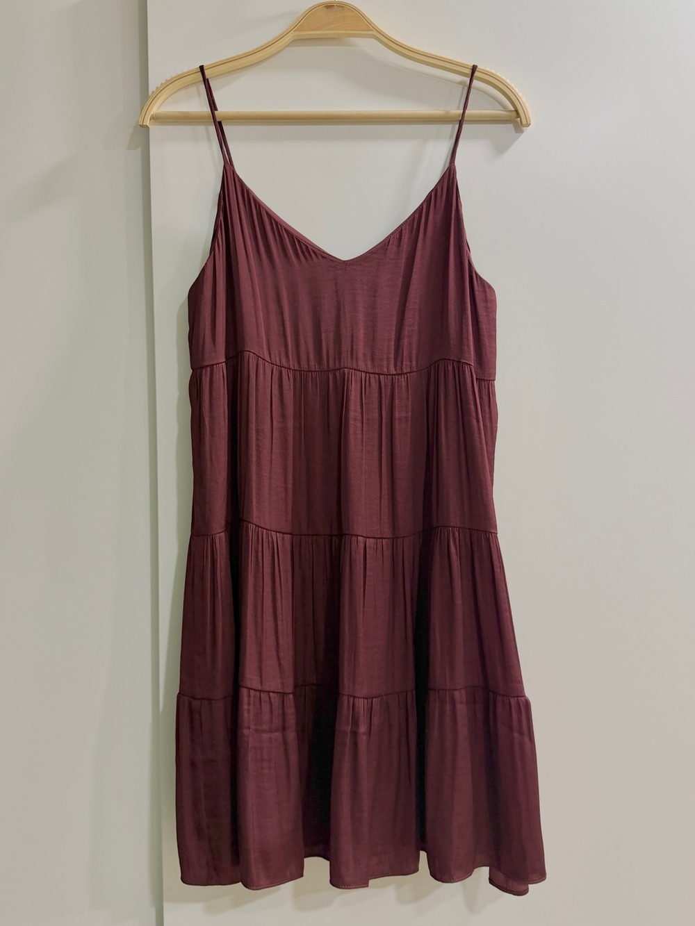 Naked Zebra Burgundy Tiered Spaghetti Strap Mini Dress